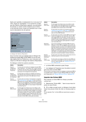 Page 531531
Gestion des fichiers
Après avoir spécifié un emplacement et un nom pour le fi-
chier, cliquez sur “Enregistrer”. À ce moment-là, le dialo-
gue des Options d’Exportation apparaît, vous permettant 
de préciser un certain nombre d’options pour le ficher – 
ce qui doit être inclus, le type et la résolution (voir ci-des-
sous la descriptions de ces options).
Le dialogue des Options d’Exportation.
Vous trouverez aussi ces réglages dans le dialogue des 
Préférences (page MIDI–Fichier MIDI). Si vous les avez...