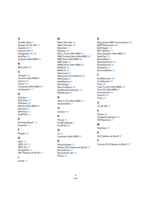 Page 7676
Index
A
AmpSimulator 9
Apogee UV 22 HR 27
Arpache 5 58
Arpache SX 59
Arpégiateur 58, 59
AutoPan 28
Autopan (effet MIDI) 60
B
Bitcrusher 35
C
Chopper 36
Chorder (effet MIDI) 61
Chorus 28
Cloner 29
Compress (effet MIDI) 63
Compressor 10
D
DaTube 9
DeClicker 37
DeNoiser 38
Density (effet MIDI) 64
Distortion 9
Dithering 27
DualFilter 21
E
EnvelopeShaper 12
Expander 12
F
Flanger 29
G
Gate 13
GEQ-10 19
GEQ-30 19
Grungelizer 40
GS (Tableau de Bord) 70
L
Limiter 14
M
Matrix Decoder 44
Matrix Encoder 45...