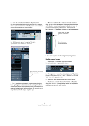 Page 2929
Tutorial 1: Registrazione Audio
2.Fare clic sul pulsante “Abilita la Registrazione”.
Con la traccia abilitata alla registrazione, Nuendo sa che si vuole regi-
strare su quella traccia e non su un’altra. Si possono avere molte tracce 
abilitate alla registrazione nello stesso momento.
3.Nell’Inspector aprire la pagina “Canale”.
Appare il fader canale della traccia selezionata.
Fare il possibile per inviare la massima quantità di vo-
lume agli ingressi audio della scheda audio prima di una 
distorsione...
