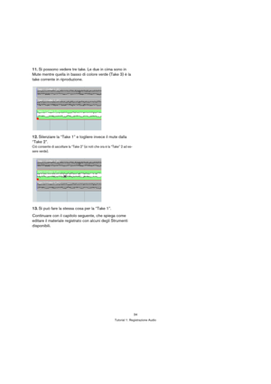 Page 3434
Tutorial 1: Registrazione Audio
11.Si possono vedere tre take. Le due in cima sono in 
Mute mentre quella in basso di colore verde (Take 3) è la 
take corrente in riproduzione.
12.Silenziare la “Take 1” e togliere invece il mute dalla 
“Take 2”.
Ciò consente di ascoltare la “Take 2” (si noti che ora è la “Take” 2 ad es-
sere verde).
13.Si può fare la stessa cosa per la “Take 1”.
Continuare con il capitolo seguente, che spiega come 
editare il materiale registrato con alcuni degli Strumenti 
disponibili. 