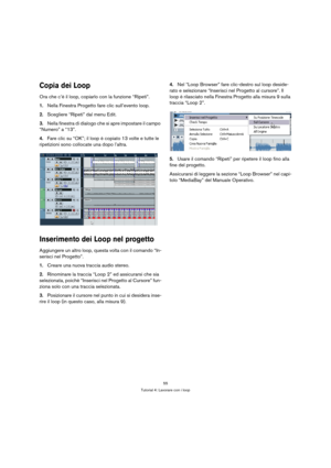 Page 5555
Tutorial 4: Lavorare con i loop
Copia dei Loop
Ora che c’è il loop, copiarlo con la funzione “Ripeti”.
1.Nella Finestra Progetto fare clic sull’evento loop.
2.Scegliere “Ripeti” dal menu Edit.
3.Nella finestra di dialogo che si apre impostare il campo 
“Numero” a “13”.
4.Fare clic su “OK”; il loop è copiato 13 volte e tutte le 
ripetizioni sono collocate una dopo l’altra.
Inserimento dei Loop nel progetto
Aggiungere un altro loop, questa volta con il comando “In-
serisci nel Progetto”.
1.Creare una...