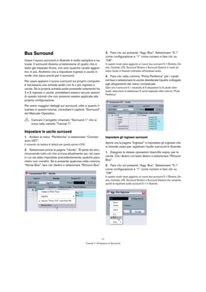 Page 7171
Tutorial 7: Produzioni in Surround
Bus Surround
Usare il suono surround in Nuendo è molto semplice e na-
turale. Il surround diventa unestensione di quello che è 
stato già imparato finora, con solo qualche canale aggiun-
tivo in più. Andremo ora a impostare ingressi e uscite in 
modo che siano pronti per il surround.
Per usare appieno il suono surround sul proprio computer 
è necessaria una scheda audio con 6 o più ingressi e 
uscite. Se la propria scheda audio possiede solamente tra 
2 e 5 ingressi...