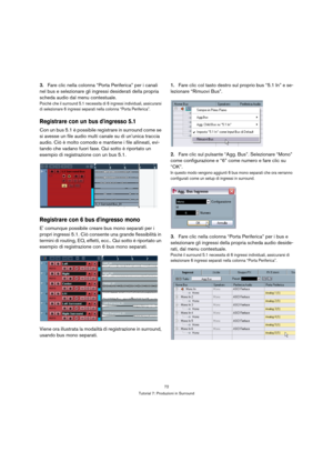 Page 7272
Tutorial 7: Produzioni in Surround
3.Fare clic nella colonna “Porta Periferica” per i canali 
nel bus e selezionare gli ingressi desiderati della propria 
scheda audio dal menu contestuale.
Poichè che il surround 5.1 necessita di 6 ingressi individuali, assicurarsi 
di selezionare 6 ingressi separati nella colonna “Porta Periferica”.
Registrare con un bus dingresso 5.1
Con un bus 5.1 è possibile registrare in surround come se 
si avesse un file audio multi canale su di un’unica traccia 
audio. Ciò è...