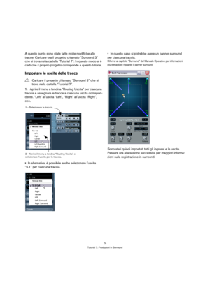 Page 7474
Tutorial 7: Produzioni in Surround
A questo punto sono state fatte molte modifiche alle 
tracce. Caricare ora il progetto chiamato “Surround 3” 
che si trova nella cartella “Tutorial 7”. In questo modo si è 
certi che il proprio progetto corrisponde a questo tutorial.
Impostare le uscite delle tracce
1.Aprire il menu a tendina “Routing Uscita” per ciascuna 
traccia e assegnare le tracce a ciascuna uscita corrispon-
dente. “Left” alluscita “Left”, “Right” alluscita “Right”, 
ecc..
In alternativa, è...