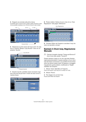 Page 8181
Tutorial 8: Editing Audio II - tempo e groove
5.Eseguire una zoomata sulla prima misura.
E possibile usare il cursore di zoom in basso a destra. Zoomare in modo 
che sia possibile visualizzare circa 18 forme donda di colpi di shaker.
6.Selezionare la prima misura del loop (i primi 16 colpi, 
fino al 17esimo). Attivare “Loop Ascolto” e fare clic sul 
pulsante “Ascolta”.
7.Durante l’ascolto, potrebbe essere necessario rego-
lare la fine del loop per fare in modo che esso scorra in 
maniera...