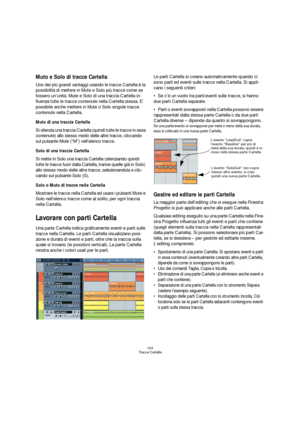 Page 104104
Tracce Cartella
Muto e Solo di tracce Cartella
Uno dei più grandi vantaggi usando le tracce Cartella è la 
possibilità di mettere in Mute e Solo più tracce come se 
fossero un’unità. Mute e Solo di una traccia Cartella in-
fluenza tutte le tracce contenute nella Cartella stessa. E’ 
possibile anche mettere in Mute o Solo singole tracce 
contenute nella Cartella. 
Muto di una traccia Cartella
Si silenzia una traccia Cartella (quindi tutte le tracce in essa 
contenute) allo stesso modo delle altre...