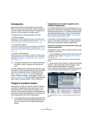 Page 112112
Funzioni di Trasposizione
Introduzione
Nuendo offre funzioni di trasposizione per parti audio, 
MIDI e strumento e per eventi audio. Queste consentono 
di creare variazioni della propria musica o modificare l’ar-
monia di un intero progetto o di singole sezioni. 
la Trasposizione può essere applicata su tre livelli:
Sull’intero progetto
Modificando la “Tonalità Fondamentale Progetto” nella toolbar della Fi-
nestra Progetto, l’intero progetto verrà trasposto (vedere “Trasposizione 
di un intero...