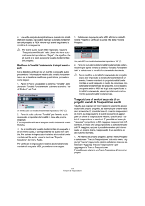 Page 114114
Funzioni di Trasposizione
4.Una volta eseguita la registrazione e quando si è soddi-
sfatti del risultato, è possibile riportare la tonalità fondamen-
tale del progetto al RE# minore e gli eventi seguiranno la 
modifica di conseguenza.
Modificare la Tonalità Fondamentale di singoli eventi o 
parti
Se si desidera verificare se un evento o una parte audio 
possiedono l’informazione relativa alla tonalità fondamen-
tale o se si desidera modificare quest’ultima, procedere 
come segue:
1.Aprire il Pool e...