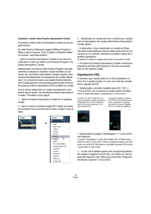 Page 135135
Il Mixer
Cambiare i canale nella finestra Impostazioni Canale
Si possono vedere tutte le impostazioni canale da una sin-
gola finestra. 
Se nella finestra Preferenze (pagina Editing-Progetto & 
Mixer) è attiva l’opzione “Sync Progetto e Selezione Mixer” 
ciò avviene “automaticamente”:
Aprire la finestra Impostazioni Canale di una traccia e 
collocarla in modo da vedere sia la Finestra Progetto che 
quella Impostazioni Canale.
Selezionando una traccia nella Finestra Progetto automati-
camente si...