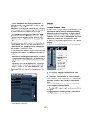 Page 141141
Il Mixer
Con la selezione dal menu a tendina delle opzioni Vi-
suale nel pannello comune è possibile configurare le ve-
dute di tutti i canali nel Mixer.
Selezionando EQ o Surround Panner (vale solo per i canali audio) non si 
cambia la veduta dei canali MIDI. Selezionando gli effetti in Insert o Send 
dal pannello comune si cambia la veduta di tutti i tipi di canale.
Uso della finestra Impostazioni Canale MIDI
Per ogni striscia canale MIDI nel Mixer (e traccia MIDI 
nell’elenco tracce o...