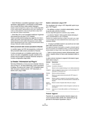 Page 184184
Effetti Audio
Sotto Windows, è possibile organizzare i plug-in VST 
spostando, aggiungendo o rinominando le sottocartelle 
che si trovano all’interno della cartella Vstplugins. 
Quando si lancia il programma e si apre un menu a tendina degli effetti, 
le sotto-cartelle vengono rappresentate da sotto-menu, organizzati se-
condo un ordine gerarchico, ciascuno dei quali elenca i plug-in all’in-
terno della sotto-cartella corrispondente.
Sotto Mac OS X, non è possibile modificare l’organizza-
zione...