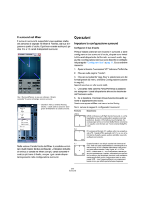 Page 203203
Surround
Il surround nel Mixer
Il suono in surround è supportato lungo qualsiasi stadio 
del percorso di segnale nel Mixer di Nuendo, dal bus d’in-
gresso a quello d’uscita. Ogni bus o canale audio può ge-
stire fino a 12 canali d’altoparlanti surround.
Nella sezione Canale Uscita del Mixer è possibile control-
lare i livelli master dei bus configurati. L’indicatore di livello 
di un bus (o canale nel Mixer) con più canali surround vi-
sualizza più barre di livello, una per ogni canale altopar-
lante...