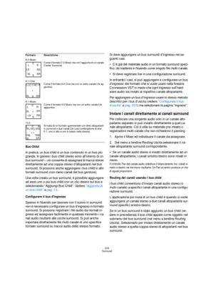 Page 205205
Surround
Bus Child
In pratica, un bus child è un bus contenuto in un bus più 
grande. In genere i bus child stereo sono all’interno di un 
bus surround – ciò consente di assegnare le tracce stereo 
direttamente ad una coppia stereo d’altoparlanti nel bus 
surround. Si possono anche aggiungere i bus child in altri 
formati surround (con meno canali del bus genitore).
Una volta creato un bus surround, è possibile aggiungere 
ad esso uno o più bus child con un clic-destro sul bus e 
selezionando...