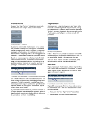 Page 215215
Automazione
Il valore iniziale
Quando “Use Virgin Territory” è disattivato nel pannello 
Automazione, viene sempre usato un valore iniziale.
Use Virgin Territory è disabilitato.
Quando non esistono dati di automazione per un partico-
lare parametro e si esegue un passaggio di automazione 
per tale parametro, il suo valore al momento in cui si avvia il 
passaggio dell’automazione viene salvato come valore ini-
ziale. Quando si esegue il punch-out del passaggio d’auto-
mazione, è a questo valore...