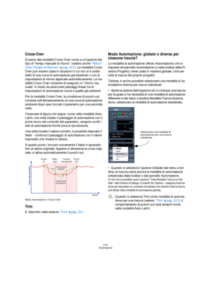 Page 218218
Automazione
Cross-Over
Si pensi alla modalità Cross-Over come a un’opzione del 
tipo di “tempo manuale di ritorno” (vedere anche “Return 
Time (Tempo di Ritorno)” a pag. 227). La modalità Cross-
Over può essere usata in situazoni in cui non si è soddi-
sfatti di una curva di automazione già esistente o con le 
impostazioni di ritorno applicate automaticamente. La mo-
dalità Cross-Over consente di eseguire un “ritorno ma-
nuale” in modo da assicurare passaggi lineari tra le 
impostazioni di...