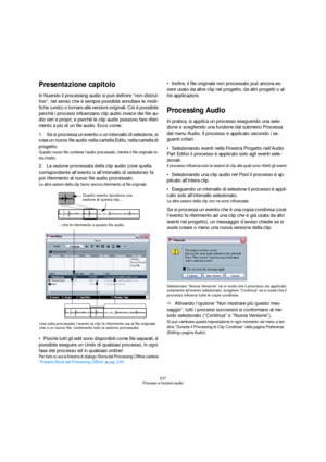 Page 237237
Processi e funzioni audio
Presentazione capitolo
In Nuendo il processing audio si può definire “non-distrut-
tivo”, nel senso che è sempre possibile annullare le modi-
fiche (undo) o tornare alle versioni originali. Ciò è possibile 
perché i processi influenzano clip audio invece dei file au-
dio veri e propri, e perchè le clip audio possono fare riferi-
mento a più di un file audio. Ecco come:
1.Se si processa un evento o un intervallo di selezione, si 
crea un nuovo file audio nella cartella Edits,...