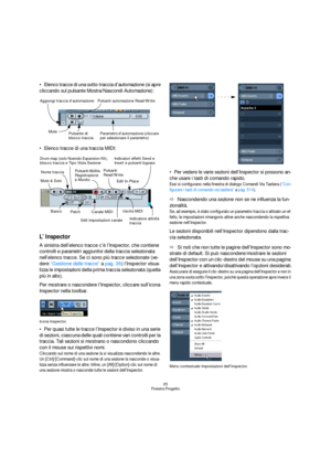 Page 2525
Finestra Progetto
Elenco tracce di una sotto-traccia d’automazione (si apre 
cliccando sul pulsante Mostra/Nascondi Automazione):
Elenco tracce di una traccia MIDI:
L’ Inspector
A sinistra dell’elenco tracce c’è l’Inspector, che contiene 
controlli e parametri aggiuntivi della traccia selezionata 
nell’elenco tracce. Se ci sono più tracce selezionate (ve-
dere “Gestione delle tracce” a pag. 36) l’Inspector visua-
lizza le impostazioni della prima traccia selezionata (quella 
più in alto).
Per mostrare...