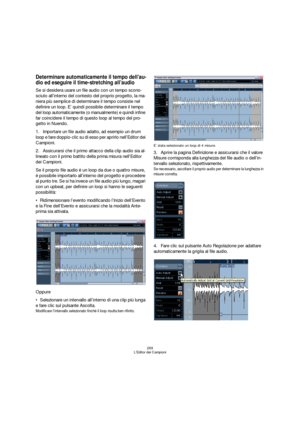 Page 269269
L’Editor dei Campioni
Determinare automaticamente il tempo dell’au-
dio ed eseguire il time-stretching all’audio
Se si desidera usare un file audio con un tempo scono-
sciuto all’interno del contesto del proprio progetto, la ma-
niera più semplice di determinare il tempo consiste nel 
definire un loop. E’ quindi possibile determinare il tempo 
del loop automaticamente (o manualmente) e quindi infine 
far coincidere il tempo di questo loop al tempo del pro-
getto in Nuendo. 
1.Importare un file audio...