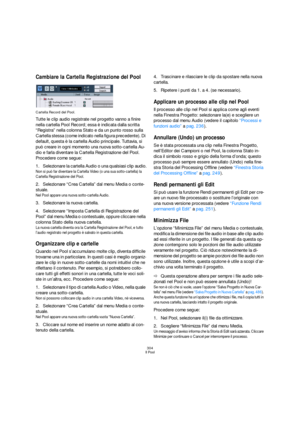 Page 304304
Il Pool
Cambiare la Cartella Registrazione del Pool
Cartella Record del Pool.
Tutte le clip audio registrate nel progetto vanno a finire 
nella cartella Pool Record; essa è indicata dalla scritta 
“Registra” nella colonna Stato e da un punto rosso sulla 
Cartella stessa (come indicato nella figura precedente). Di 
default, questa è la cartella Audio principale. Tuttavia, si 
può creare in ogni momento una nuova sotto-cartella Au-
dio e farla diventare la Cartella Registrazione del Pool. 
Procedere...