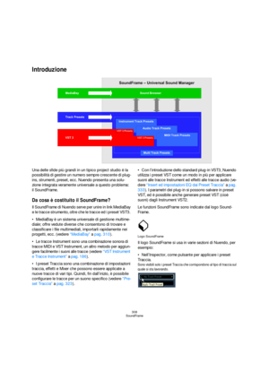 Page 308308
SoundFrame
Introduzione
Una delle sfide più grandi in un tipico project studio è la 
possibilità di gestire un numero sempre crescente di plug-
ins, strumenti, preset, ecc. Nuendo presenta una solu-
zione integrata veramente universale a questo problema: 
il SoundFrame.
Da cosa è costituito il SoundFrame?
Il SoundFrame di Nuendo serve per unire in link MediaBay 
e le tracce strumento, oltre che le tracce ed i preset VST3. 
MediaBay è un sistema universale di gestione multime-
diale; offre vedute...