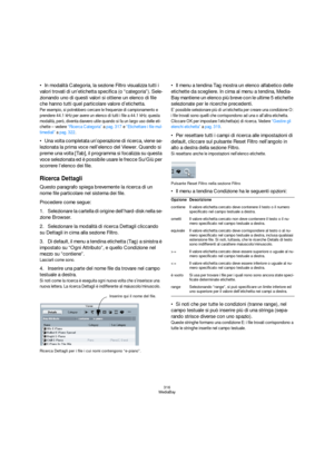 Page 316316
MediaBay
In modalità Categoria, la sezione Filtro visualizza tutti i 
valori trovati di un’etichetta specifica (o “categoria”). Sele-
zionando uno di questi valori si ottiene un elenco di file 
che hanno tutti quel particolare valore d’etichetta.
Per esempio, si potrebbero cercare le frequenze di campionamento e 
prendere 44.1 kHz per avere un elenco di tutti i file a 44.1 kHz. questa 
modalità, però, diventa davvero utile quando si fa un largo uso delle eti-
chette – vedere “Ricerca Categoria” a...