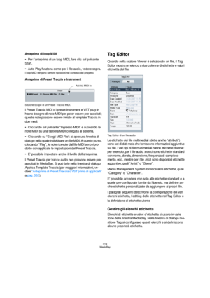 Page 319319
MediaBay
Anteprima di loop MIDI
Per l’anteprima di un loop MIDI, fare clic sul pulsante 
Start.
Auto Play funziona come per i file audio, vedere sopra.
I loop MIDI vengono sempre riprodotti nel contesto del progetto.
Anteprima di Preset Traccia e Instrument
Sezione Scope di un Preset Traccia MIDI.
I Preset Traccia MIDI o i preset Instrument e VST plug-in 
hanno bisogno di note MIDI per poter essere pre-ascoltati; 
queste note possono essere inviate al template Traccia in 
due modi:
Cliccando sul...