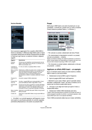 Page 345345
Parametri ed effetti MIDI
Sezione Mandate
Qui si possono aggiungere fino a quattro effetti MIDI in 
Send (in mandata). A differenza degli effetti audio in Send 
è possibile selezionare ed attivare singolarmente gli effetti 
in Send per ogni traccia. La sezione contiene i seguenti 
oggetti:
ÖGli effetti i cui controlli appaiono nell’Inspector si pos-
sono aprire in una finestra pannello di controllo separata 
premendo [Alt]/[Option] e cliccando sul pulsante Edit.
Preset
Molti plug-in MIDI hanno una...