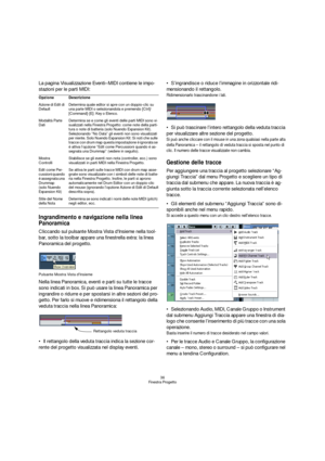 Page 3636
Finestra Progetto
La pagina Visualizzazione Eventi–MIDI contiene le impo-
stazioni per le parti MIDI:
Ingrandimento e navigazione nella linea 
Panoramica
Cliccando sul pulsante Mostra Vista dInsieme nella tool-
bar, sotto la toolbar appare una finestrella extra: la linea 
Panoramica del progetto. 
Pulsante Mostra Vista dInsieme
Nella linea Panoramica, eventi e parti su tutte le tracce 
sono indicati in box. Si può usare la linea Panoramica per 
ingrandire o ridurre e per spostarsi in altre sezioni del...