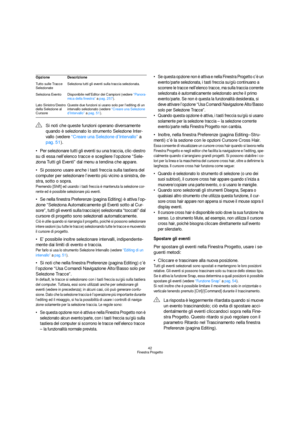 Page 4242
Finestra Progetto
Per selezionare tutti gli eventi su una traccia, clic-destro 
su di essa nell’elenco tracce e scegliere l’opzione “Sele-
ziona Tutti gli Eventi” dal menu a tendina che appare.
Si possono usare anche i tasti freccia sulla tastiera del 
computer per selezionare l’evento più vicino a sinistra, de-
stra, sotto o sopra.
Premendo [Shift] ed usando i tasti freccia è mantenuta la selezione cor-
rente ed è possibile selezionare più eventi.
Se nella finestra Preferenze (pagina Editing) è...