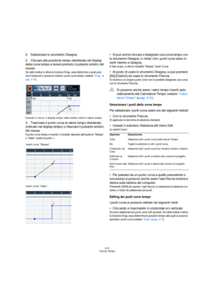 Page 412412
Traccia Tempo
2.Selezionare lo strumento Disegna.
3.Cliccare alla posizione tempo desiderata nel display 
della curva tempo e tenere premuto il pulsante sinistro del 
mouse.
Se nella toolbar è attiva la funzione Snap, essa determina a quali posi-
zioni temporali si possono inserire i punti curva tempo (vedere “Snap” a 
pag. 416).
Quando si clicca, il display tempo nella toolbar indica il valore tempo.
4.Trascinare il punto curva al valore tempo desiderato 
(indicato nel display tempo) e rilasciare il...