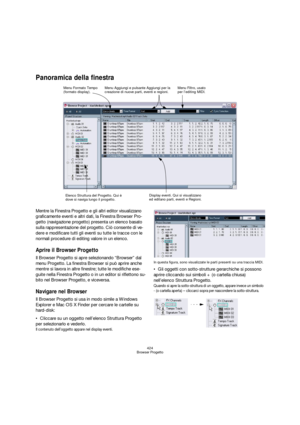 Page 424424
Browser Progetto
Panoramica della finestra
Mentre la Finestra Progetto e gli altri editor visualizzano 
graficamente eventi e altri dati, la Finestra Browser Pro-
getto (navigazione progetto) presenta un elenco basato 
sulla rappresentazione del progetto. Ciò consente di ve-
dere e modificare tutti gli eventi su tutte le tracce con le 
normali procedure di editing valore in un elenco.
Aprire il Browser Progetto
Il Browser Progetto si apre selezionando “Browser” dal 
menu Progetto. La finestra Browser...