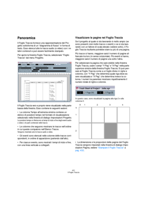 Page 431431
Il Foglio Traccia
Panoramica
Il Foglio Traccia fornisce una rappresentazione del Pro-
getto sottoforma di un “diagramma di flusso” in forma di 
testo. Esso elenca tutte le tracce audio (e video) con i re-
lativi contenuti e può essere facilmente stampato.
Per aprire la finestra Foglio Traccia, selezionare “Foglio 
Traccia” dal menu Progetto.
Il Foglio Traccia vero e proprio viene visualizzato nella parte 
bassa della finestra. Esso contiene le seguenti sezioni:
La colonna Tempo all’estrema sinistra...