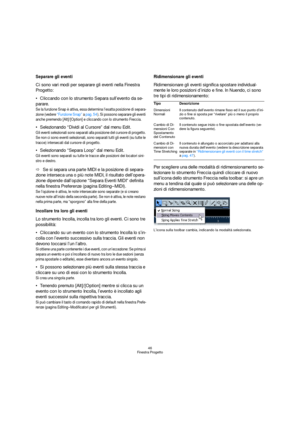 Page 4646
Finestra Progetto
Separare gli eventi
Ci sono vari modi per separare gli eventi nella Finestra 
Progetto:
Cliccando con lo strumento Separa sull’evento da se-
parare.
Se la funzione Snap è attiva, essa determina l’esatta posizione di separa-
zione (vedere “Funzione Snap” a pag. 54). Si possono separare gli eventi 
anche premendo [Alt]/[Option] e cliccando con lo strumento Freccia.
Selezionando “Dividi al Cursore” dal menu Edit.
Gli eventi selezionati sono separati alla posizione del cursore di...