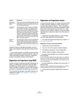 Page 497497
Gestione file
Quando si importa un file MIDI nel progetto, la traccia 
Tempo viene regolata in base alla traccia Tempo nel file 
MIDI.
Si può anche importare un file MIDI da hard-disk trasci-
nandolo e rilasciandolo da Windows Explorer o Mac OS 
Finder nella Finestra Progetto di Nuendo. Si applicano 
sempre le impostazioni Opzioni di Importazione.
Esportare ed importare loop MIDI
Nuendo consente di importare loop MIDI (estensione .mi-
diloop) e di salvare parti di strumenti come loop MIDI. I 
loop...
