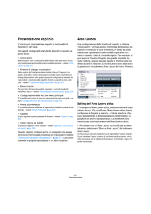 Page 501501
Personalizzazione
Presentazione capitolo
L’utente può personalizzare aspetto e funzionalità di 
Nuendo in vari modi.
Gli oggetti configurabili dall’utente descritti in questo ca-
pitolo sono:
Aree Lavoro
Memorizzando varie combinazioni delle finestre nelle aree lavoro si pos-
sono selezionare rapidamente le varie modalità operative – vedere “Aree 
Lavoro” a pag. 501.
Finestre di dialogo Impostazioni
Molte sezioni dell’interfaccia utente (toolbar, Barra di Trasporto, Ins-
pector, linee Info e finestre...