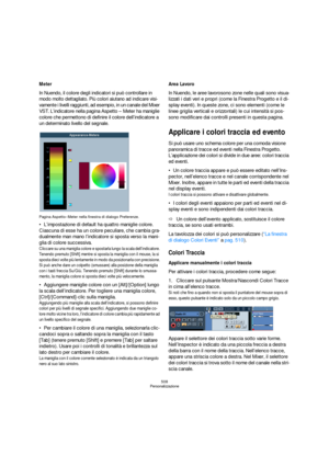 Page 508508
Personalizzazione
Meter
In Nuendo, il colore degli indicatori si può controllare in 
modo molto dettagliato. Più colori aiutano ad indicare visi-
vamente i livelli raggiunti, ad esempio, in un canale del Mixer 
VST. L’indicatore nella pagina Aspetto – Meter ha maniglie 
colore che permettono di definire il colore dell’indicatore a 
un determinato livello del segnale.
Pagina Aspetto–Meter nella finestra di dialogo Preferenze.
L’impostazione di default ha quattro maniglie colore. 
Ciascuna di esse ha...