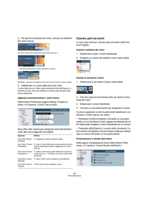 Page 509509
Personalizzazione
2.Per aprire la tavolozza dei colori, cliccare sul selettore 
dei colori traccia.
Cliccare sulla freccia nella barra del nome traccia o…
…cliccare sulla striscia colore nell’elenco tracce.
Nel Mixer, cliccare sul selettore dei colori traccia sotto il nome canale.
3.Selezionare un colore dalla barra dei colori.
Il colore della traccia si riflette nella tavolozza del titolo dell’Inspector e 
nell’elenco tracce, oltre che nel Mixer e in tutte le parti ed eventi sulla 
traccia...