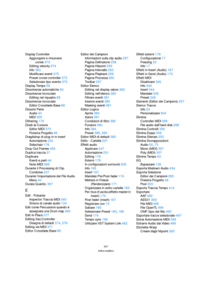 Page 527527
Indice analitico
Display Controller
Aggiungere e rimuovere 
corsie373
Editing velocity374
Info363
Modificare eventi375
Preset corsie controller373
Selezionare tipo evento373
Display Tempo59
Dissolvenze automatiche93
Dissolvenze Incrociate
Editing nel riquadro89
Dissolvenze incrociate
Editor Crossfade Base89
Dissolvi Parte
Audio40
MIDI355
Dithering170
Dividi al Cursore
Editor MIDI370
Finestra Progetto46
Drag&drop di plug-in in insert
Automazione232
Sidechain178
Drop Out Frames450
Duplica traccia37...