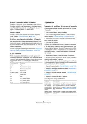 Page 5858
Riproduzione e Barra di Trasporto
Mostrare e nascondere la Barra di Trasporto
La Barra di Trasporto appare di default quando si lancia 
un nuovo progetto. Per nasconderlo o mostrarlo selezio-
nare “Barra di Trasporto” dal menu Trasporto (o usare il 
tasto di comando rapido – di default [F2]).
Preroll e Postroll
Queste funzioni sono descritte nel capitolo “Registra-
zione” (vedere “Preroll e Postroll” a pag. 80).
Modificare la configurazione della Barra di Trasporto
Per personalizzare l’aspetto del...