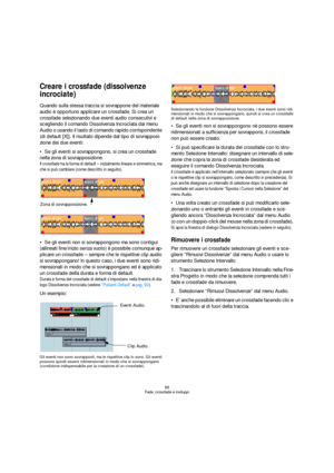 Page 8888
Fade, crossfade e inviluppi
Creare i crossfade (dissolvenze 
incrociate)
Quando sulla stessa traccia si sovrappone del materiale 
audio è opportuno applicare un crossfade. Si crea un 
crossfade selezionando due eventi audio consecutivi e 
scegliendo il comando Dissolvenza Incrociata dal menu 
Audio o usando il tasto di comando rapido corrispondente 
(di default [X]). Il risultato dipende dal tipo di sovrapposi-
zione dei due eventi:
Se gli eventi si sovrappongono, si crea un crossfade 
nella zona di...
