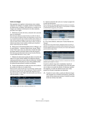 Page 123123
Edición de audio con imágenes
Corte en la Imagen
Este apartado del capítulo le demostrará cómo realizar 
cada tipo de cambios a la imagen usando la herramienta 
de Seleccionar un Rango. Para efectuar un cambio en la 
imagen que implique la eliminación de video existente, 
proceda como sigue:
1.Determine el punto de inicio y duración de la sección 
que va a eliminarse.
Esta información debería ser proporcionada por el editor de video en 
forma de valores de código de tiempo que especifiquen en punto...