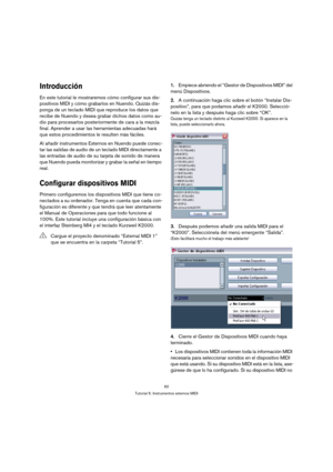 Page 6060
Tutorial 5: Instrumentos externos MIDI
Introducción
En este tutorial le mostraremos cómo configurar sus dis-
positivos MIDI y cómo grabarlos en Nuendo. Quizás dis-
ponga de un teclado MIDI que reproduce los datos que 
recibe de Nuendo y desea grabar dichos datos como au-
dio para procesarlos posteriormente de cara a la mezcla 
final. Aprender a usar las herramientas adecuadas hará 
que estos procedimientos le resulten más fáciles.
Al añadir instrumentos Externos en Nuendo puede conec-
tar las salidas...