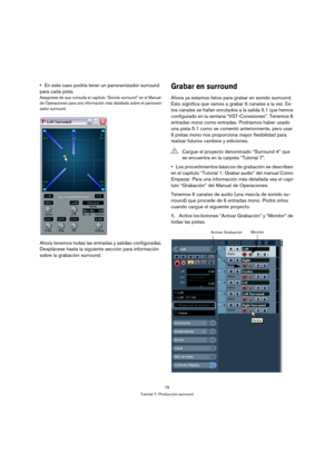 Page 7979
Tutorial 7: Producción surround
En este caso podría tener un panoramizador surround 
para cada pista.
Asegúrese de que consulta el capítulo “Sonido surround” en el Manual 
de Operaciones para una información más detallada sobre el panorami-
zador surround.
Ahora tenemos todas las entradas y salidas configuradas. 
Desplácese hasta la siguiente sección para información 
sobre la grabación surround.
Grabar en surround
Ahora ya estamos listos para grabar en sonido surround. 
Esto significa que vamos a...