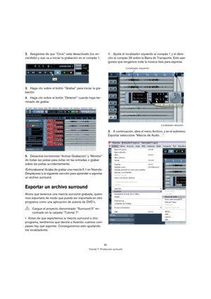 Page 8080
Tutorial 7: Producción surround
2.Asegúrese de que “Ciclo” está desactivado (no en-
cendido) y que va a iniciar la grabación en el compás 1.
3.Haga clic sobre el botón “Grabar” para iniciar la gra-
bación.
4.Haga clic sobre el botón “Detener” cuando haya ter-
minado de grabar.
5.Desactive los botones “Activar Grabación” y “Monitor” 
de todas las pistas para evitar oír las entradas o grabar 
sobre las pistas accidentalmente.
¡Enhorabuena! Acaba de grabar una mezcla 5.1 en Nuendo. 
Desplácese a la...