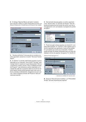 Page 8181
Tutorial 7: Producción surround
3.El diálogo “Exportar Mezcla de Audio” se abrirá.
Este se describe en detalle en el capítulo “Exportar Mezcla de Audio” en el 
Manual de Operaciones. Consúltelo para una información más completa.
4.“Nombre de Archivo” sirve para dar un nombre al ar-
chivo exportado. Llamemos al nuestro “Surround Tutorial 
Export”.
5.El “Destino” es donde usted desea guardar el archivo 
exportado en su ordenador. Use el botón “Escoger” para 
navegar hasta la carpeta en la que desea...