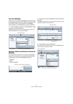 Page 9292
Tutorial 9: Gestión de Medios
Para abrir MediaBay
Vamos a usar la visualización MediaBay ya que ésta ha sido 
preconfigurada para permitir por defecto el acceso a todos 
los controles. Todo lo que aprendamos en MediaBay 
puede aplicarse a los Navegadores de Loops o Sonidos.
1.En el menù Medio, seleccione “Abrir MediaBay” y haga 
clic sobre la pestaña Categoría.
MediaBay se abre por defecto con la pestaña Detalles activada. Para 
este tutorial deberemos usar la pestaña Categoría.
Haciendo visibles las...