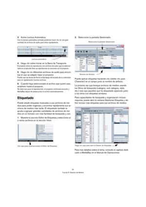 Page 9797
Tutorial 9: Gestión de Medios
3.Active Lectura Automática.
Con la Lectura automática activada podemos hacer clic en una gran 
cantidad de archivos de audio para oírlos rápidamente.
4.Haga clic sobre Iniciar en la Barra de Transporte.
El proyecto ahora se reproducirá y los archivos de audio que ha seleccio-
nado en el área del Visor se reproducirán en sincronía con el proyecto.
5.Haga clic en diferentes archivos de audio para encon-
trar el que se adapte mejor al proyecto.
Puede usar las teclas de...