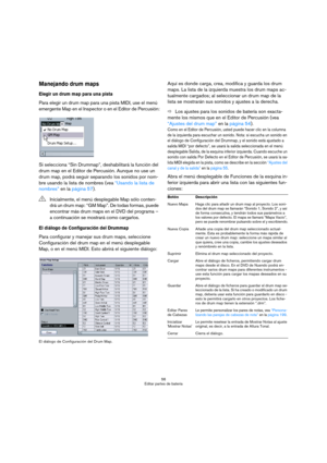 Page 5656
Editar partes de batería
Manejando drum maps
Elegir un drum map para una pista
Para elegir un drum map para una pista MIDI, use el menú 
emergente Map en el Inspector o en el Editor de Percusión:
Si selecciona “Sin Drummap”, deshabilitará la función del 
drum map en el Editor de Percusión. Aunque no use un 
drum map, podrá seguir separando los sonidos por nom-
bre usando la lista de nombres (vea “Usando la lista de 
nombres” en la página 57).
El diálogo de Configuración del Drummap
Para configurar y...
