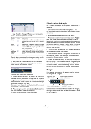 Page 104104
La pista Arreglos
Haga clic sobre el campo Modo de un evento y selec-
cione el modo de repetición deseado.
Cuando ahora reproduzca la cadena de Arreglos, oirá la 
estructura del tema completa. Proceda como sigue:
1.Asegúrese de que está activado el modo Arreglos.
Cuando el modo Arreglos está activado, el proyecto se reproducirá 
usando los ajustes de la cadena de Arreglos.
El botón de modo Arreglos debe estar activado.
2.Sitúe la ventana del Editor de Arreglos de modo que 
pueda ver la pista de...
