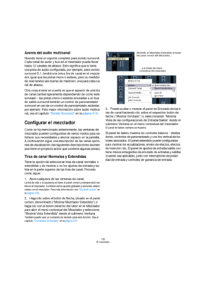 Page 130130
El mezclador
Acerca del audio multicanal
Nuendo tiene un soporte completo para sonido surround. 
Cada canal de audio y bus en el mezclador puede llevar 
hasta 12 canales de altavoz. Esto significa que si tiene 
una pista de audio configurada, por ejemplo, para sonido 
surround 5.1, tendrá una única tira de canal en el mezcla-
dor, igual que las pistas mono o estéreo, pero su medidor 
de nivel tendrá seis barras de medición, una para cada ca-
nal de altavoz.
Otra cosa a tener en cuenta es que el...